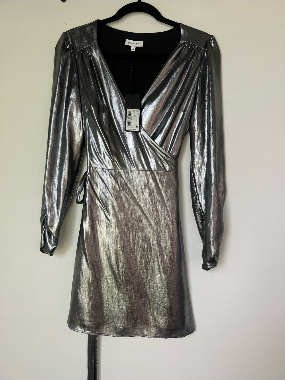 Gianni Bini Silver Metallic Wrap Mini Dress